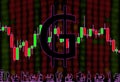 Green GRE cryptocurrency. Background of blurry numbers and candlestick chart. Silhouettes of office workers