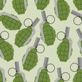 Green grenade seamless pattern. Background military projectile.