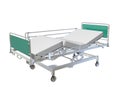 Green and grey mobile adjustable hospital bed with recliner and side guards, 3D illustration