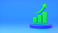 Green growing graph sign on a dark blue podium on a blue background. Stock takeoff, growth, business, reporting and marketing
