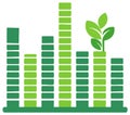 Green growth and data analysis concept illustration with graphical bars and leaves Royalty Free Stock Photo