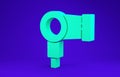 Green Hair dryer icon isolated on blue background. Hairdryer sign. Hair drying symbol. Blowing hot air. 3d illustration
