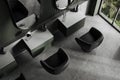 Green hairdresser salon interior with chairs, top view