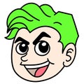 Green haired boy head emoticon with a mocking face, doodle icon image