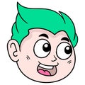 Green haired boy head with a smiling face. doodle icon drawing