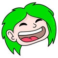 Green haired male head is laughing happily, doodle icon drawing