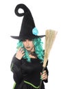 Green Haired Witch with Broom on White Background