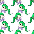 Green haired woman pattern seamless textile print. repeat pattern background design