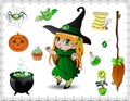 Green halloween cartoon set of objects for witches and cute witch girl on white background Royalty Free Stock Photo