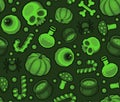 Green Halloween Seamless Pattern Background with Spider, Skull, Pumpkin, Candy, Bones and Eye Royalty Free Stock Photo