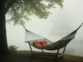 Green hammock with red cushion, under the tree on a lakeshore. Peaceful misty landscape. Quiet place to relax. Generative AI