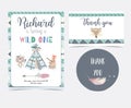 Green hand drawn cute card with feather,tent,bear,fox,arrow and Royalty Free Stock Photo