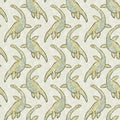 Green hand drawn plesiosaur dinosaur seamless pattern. Gender Neutral Jurassic fossil silhouette for baby nursery