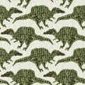 Green hand drawn Spinosaurus fossil bones dinosaur seamless pattern. Gender Neutral Jurassic silhouette for baby nursery