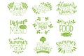 Green hand drawn vegetable menu logos set. Vegan healthy food. Elements collection with hand lettering and decoration