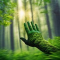 Green hand in the forest with sunlight