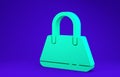 Green Handbag icon isolated on blue background. Female handbag sign. Glamour casual baggage symbol. 3d illustration 3D