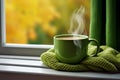 Green handle mug scarf window. Generate Ai