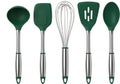 Green handled kitchen utensils arranged on a white background for cooking Royalty Free Stock Photo