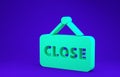 Green Hanging sign with text Closed icon isolated on blue background. Business theme for cafe or restaurant. 3d Royalty Free Stock Photo