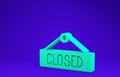 Green Hanging sign with text Closed icon isolated on blue background. Business theme for cafe or restaurant. 3d Royalty Free Stock Photo