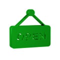 Green Hanging sign with text Open door icon isolated on transparent background.