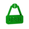 Green Hanging sign with text Open door icon isolated on transparent background.