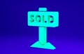 Green Hanging sign with text Sold icon isolated on blue background. Sold sticker. Sold signboard. Minimalism concept. 3d