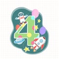 Green Happy Birthday number Four with Astronaut, Rocket and Saturn