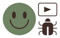 Green happy face, play button, and bug icon merged to represent digital interaction and testing Royalty Free Stock Photo