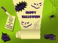 Green Happy Halloween party poster with realistic paper rolled scroll typography spider and scull