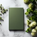 Green Hardcover Book Mockup in Elegant Silver Marble Background with Natural Light Literary Ambiance Plants Generative AI