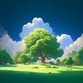 Green harmony Ecology concept with lush trees and fluffy clouds