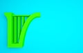 Green Harp icon isolated on blue background. Classical music instrument, orhestra string acoustic element. Minimalism