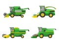 Green harvesting machine agricultural vehicles harvesting combine set, vector isolated on white background flat style