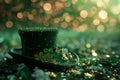 green hat on a bright green background with shamrocks on it