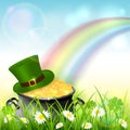 Patrick Day Rainbow on Blue Nature Background with Gold and Hat Royalty Free Stock Photo