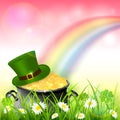 Patrick Day Rainbow on Pink Nature Background with Gold and Hat Royalty Free Stock Photo