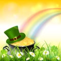 Patrick Day Rainbow on Yellow Nature Background with Gold and Hat Royalty Free Stock Photo