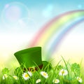 Patrick Day Rainbow on Blue Nature Background with Leprechaun Hat Royalty Free Stock Photo