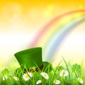 Patrick Day Rainbow on Yellow Nature Background with Leprechaun Hat