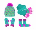 Green Hat with a Pompom, Scarf, socks and Mitten Set Knitted Seasonal Winter Traditional Accessories with Ornament