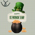 Green hat. Two-leaf clover and horseshoe iron. Pot with coins. Happy St. Patrick`s inscription. Against the background