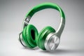 Green headphones isolated on white background. Wireless and wired headset with noise cancelling. Royalty Free Stock Photo