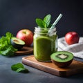 Green health smoothie, kale leaves, lime, apple, kiwi, grapes, banana, avocado, and lettuce in glass jar cups AI GENERATED Royalty Free Stock Photo