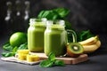 green health smoothie with kale leaves, lime, apple, kiwi, grapes, banana, avocado and lettuce Royalty Free Stock Photo