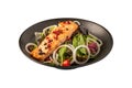 green and healthy food salmon salad in black plate Royalty Free Stock Photo