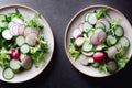 Green healthy radish salad in white plate on table