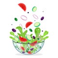 Green healthy vegetable salad. Glass bowl fresh organic food Vector illustration tomato, cucumber, onion, lettuce, olives, pepper