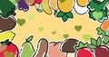 Green heart icons floating against fruits and vegatable icons with copy space on yellow background